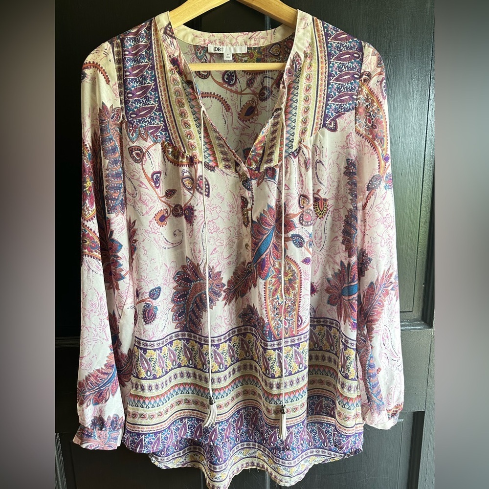 NEW DR2 WOMENS BOHO/PEASANT WITH TASSLE TIES SHEER SIZE SMALL